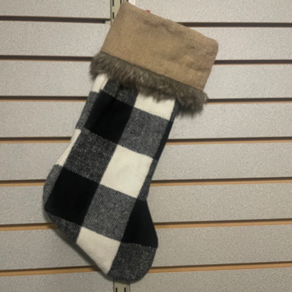 Black White Buffalo Plaid Christmas Stocking Burlap Faux Fur Trim Rustic Decor